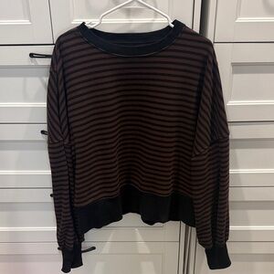 Aerie Black and Brown Striped Crew Neck Sweater